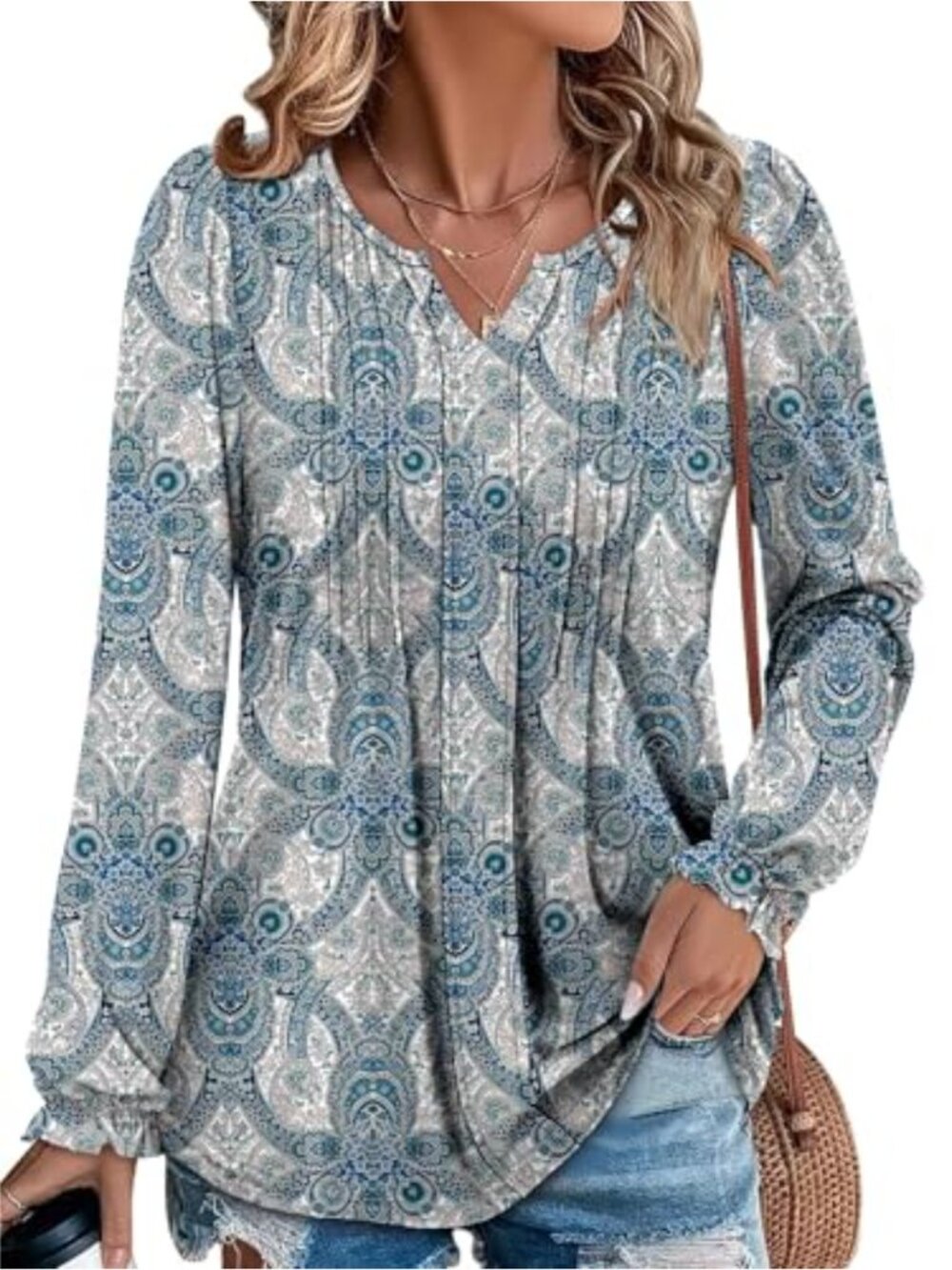 Womens Tunic Top V Neck Puff Long Sleeve Pleated Blouse Work Dressy